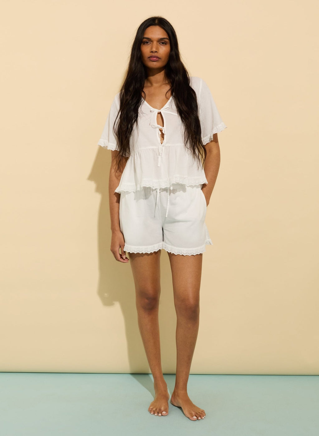 Emma Organic Cotton Broderie Detail Pyjama Top - Soft White Baukjen