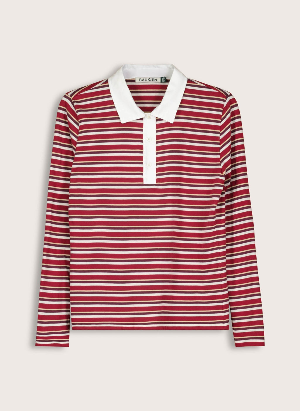 Esra Organic Cotton Polo Top - Burgundy, Cream & Taupe Stripe Baukjen