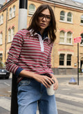 Esra Organic Cotton Polo Top - Burgundy, Cream & Taupe Stripe Baukjen
