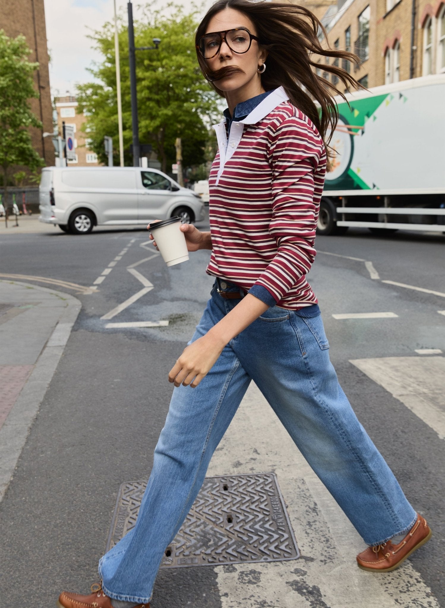 Esra Organic Cotton Polo Top - Burgundy, Cream & Taupe Stripe Baukjen
