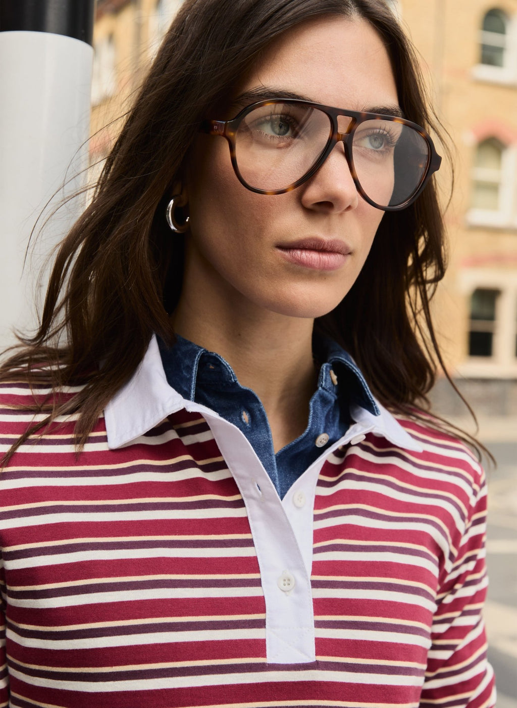 Esra Organic Cotton Polo Top - Burgundy, Cream & Taupe Stripe Baukjen