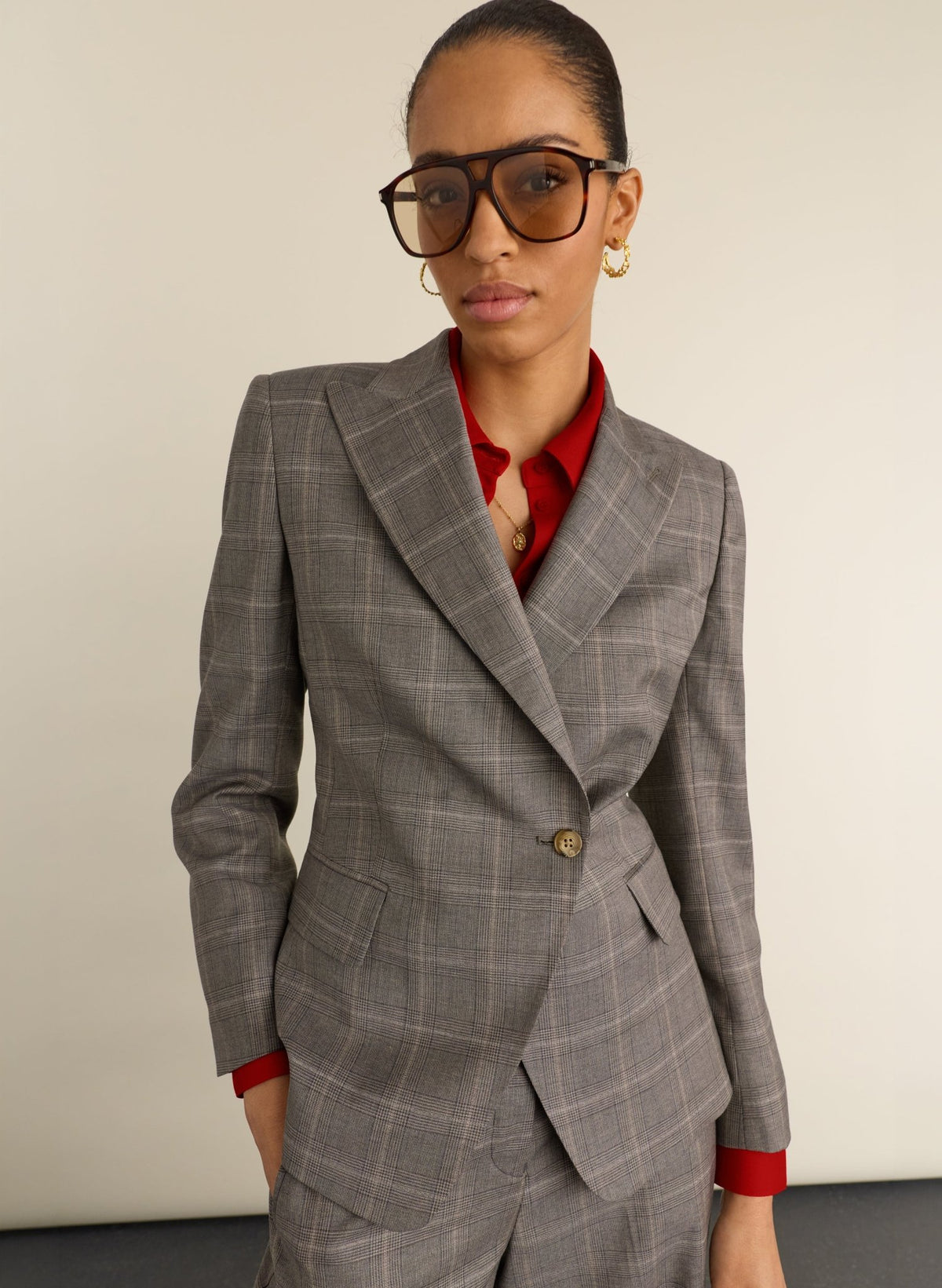 Eva Cinched Waist Wool Blazer - Grey Check Baukjen