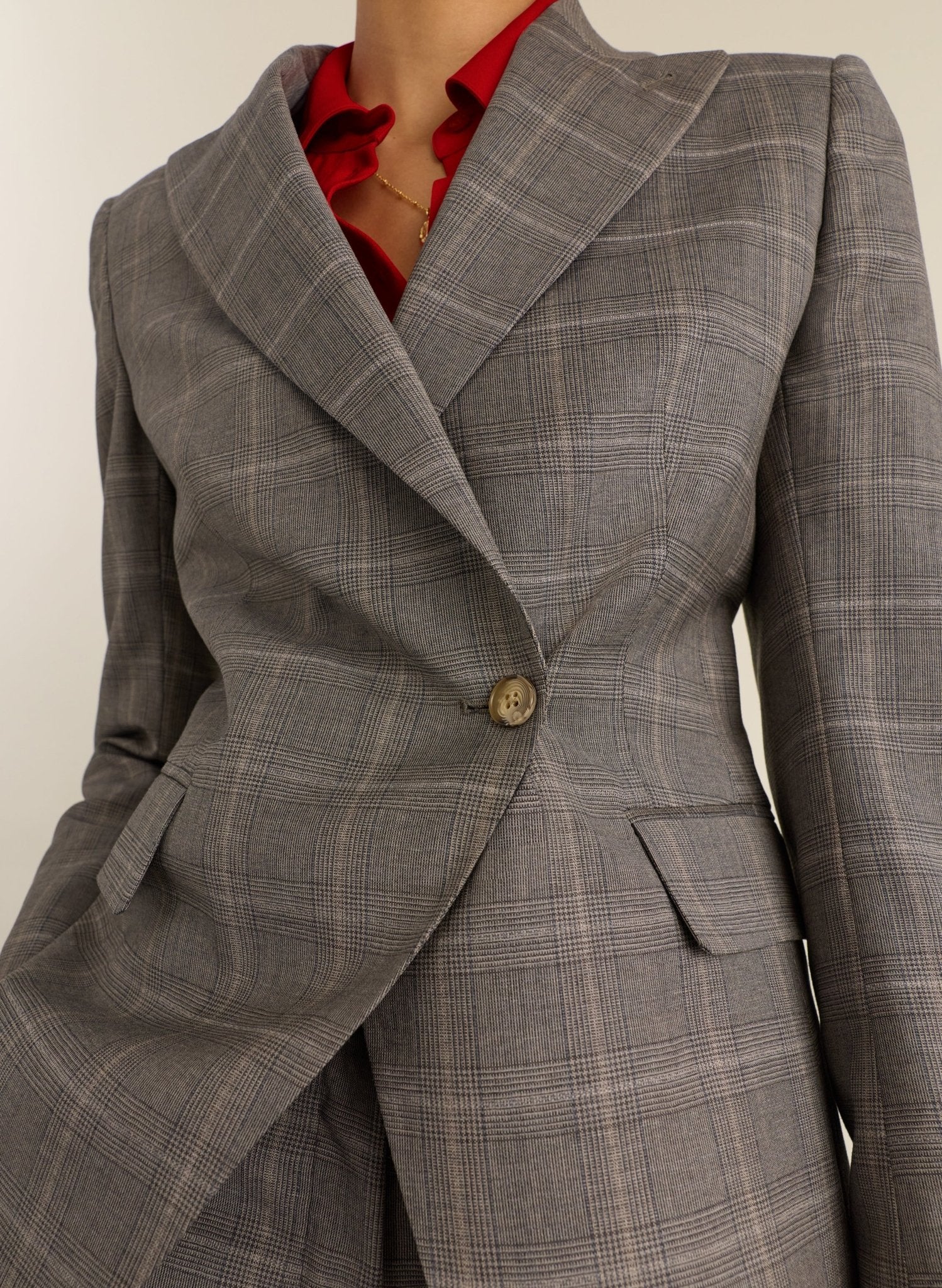 Eva Cinched Waist Wool Blazer - Grey Check Baukjen