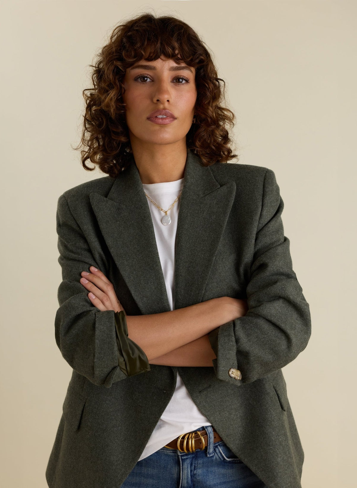 Eva Cinched Waist Wool Blazer - Pale Khaki Baukjen