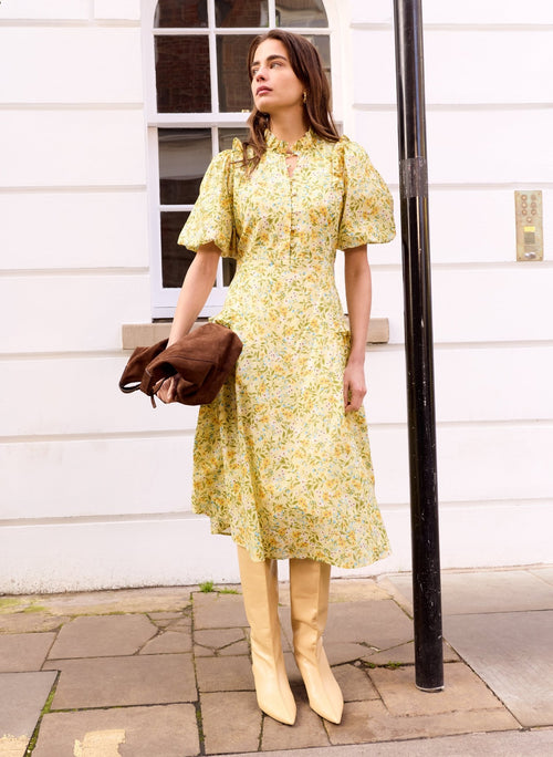 Eva Printed Midi Dress - Yellow Trailing Floral Baukjen
