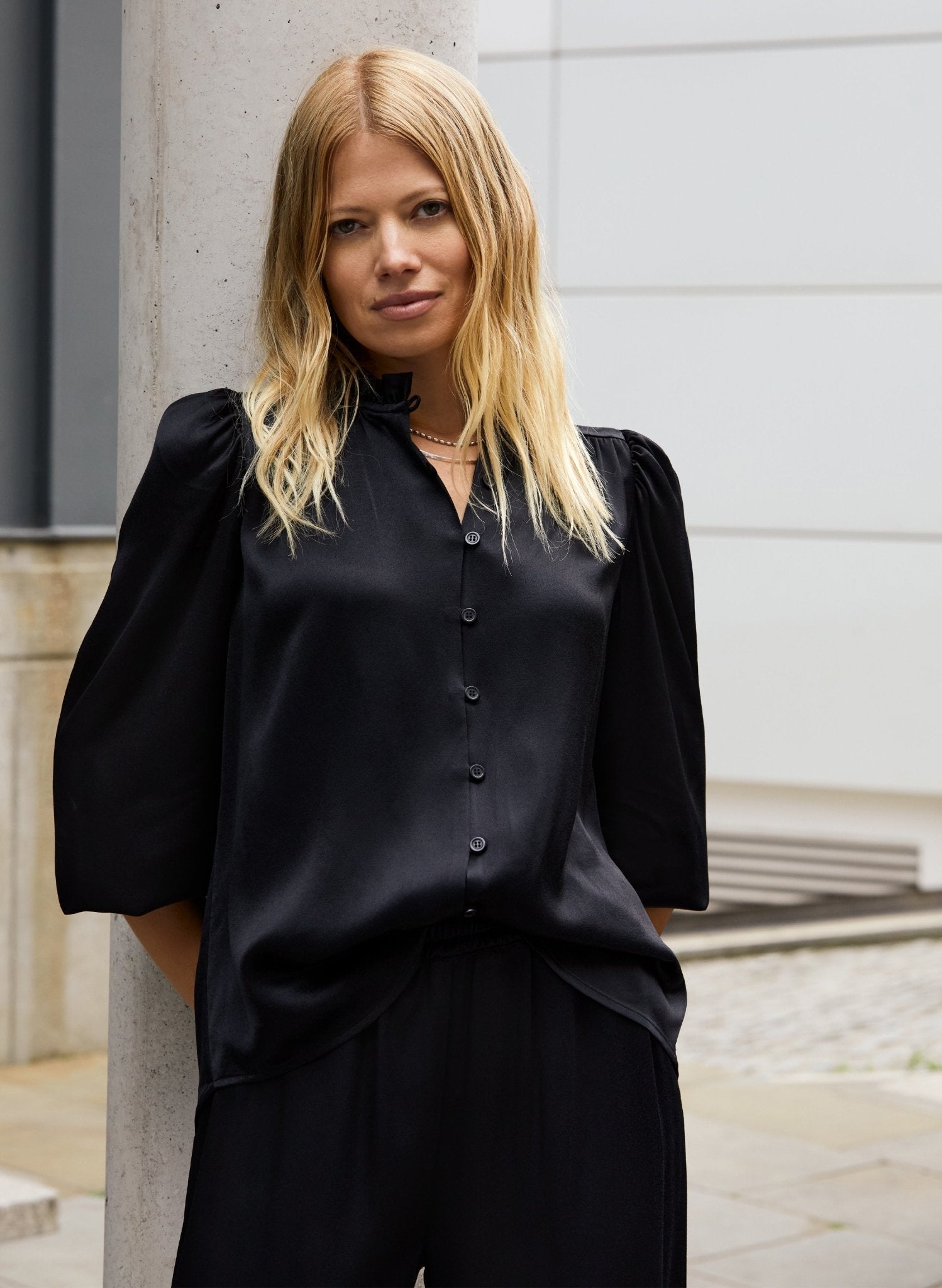 Evelyn Satin Frill Neck Blouse - Caviar Black Baukjen