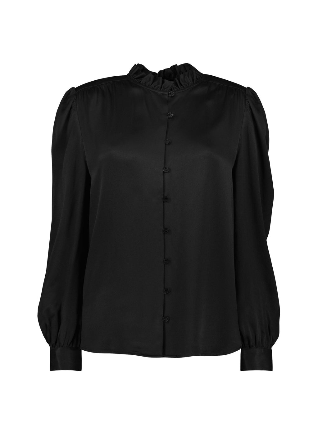 Evelyn Satin Frill Neck Blouse - Caviar Black Baukjen