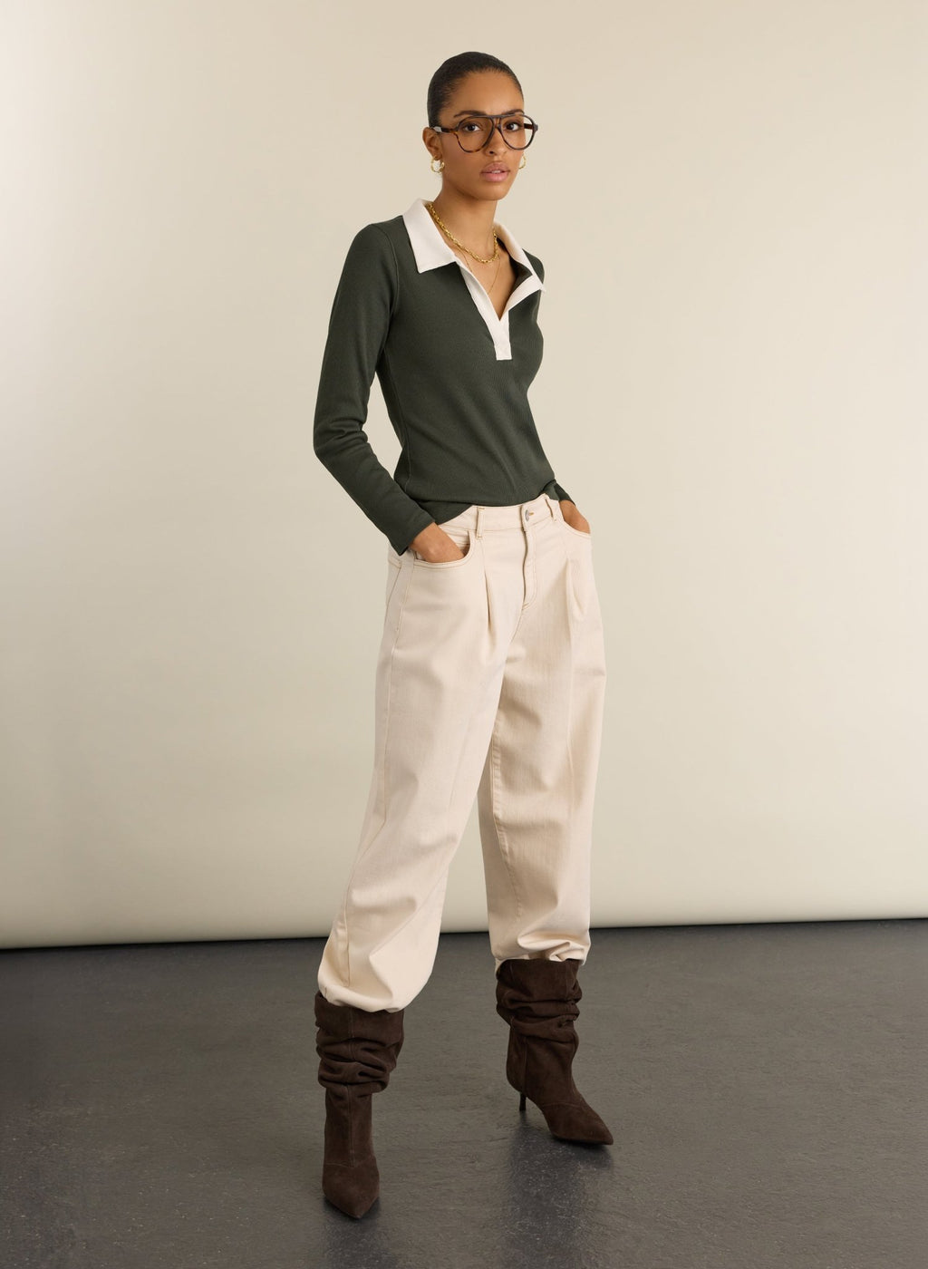 Fern Ribbed Polo Top - Deep Khaki Baukjen