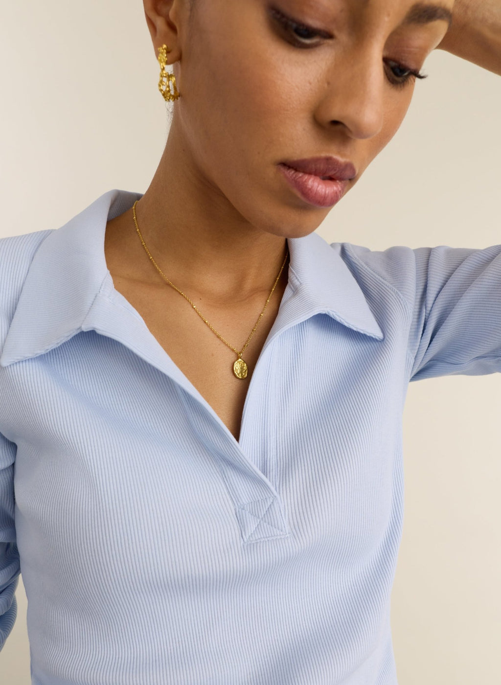 Fern Ribbed Polo Top - Ice Blue Baukjen