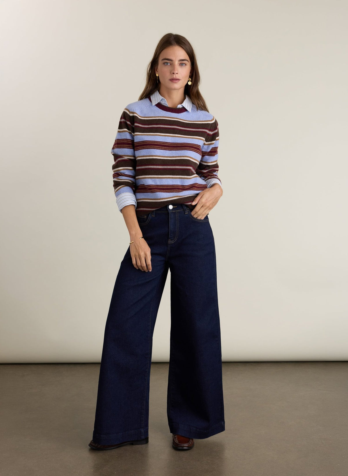 Flora Striped Crew Neck Jumper - Blue Choc Mix Baukjen