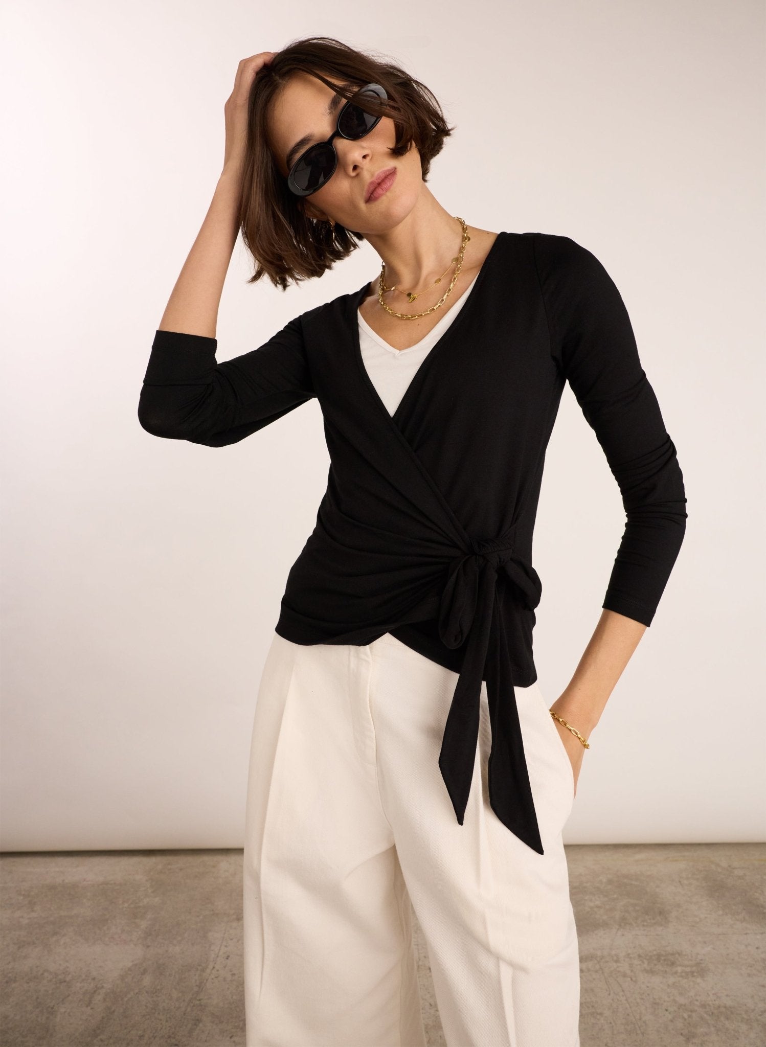 Gabrielle Double Layer Wrap Top - Caviar Black Baukjen