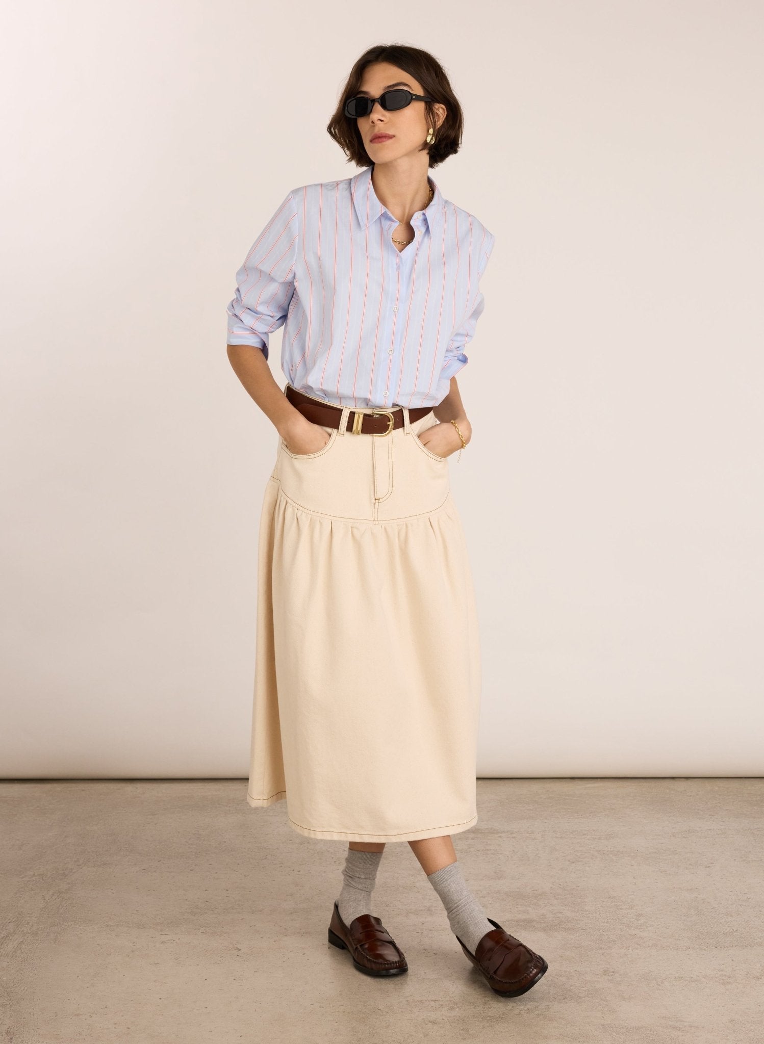 Georgia Organic Denim Midi Skirt - Ecru Baukjen