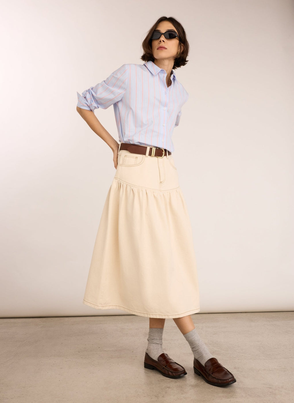 Georgia Organic Denim Midi Skirt - Ecru Baukjen