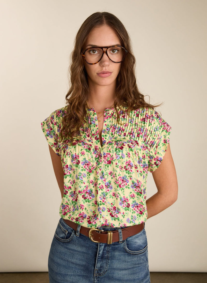 Gia Satin Cap Sleeve Blouse - Butter Floral Baukjen