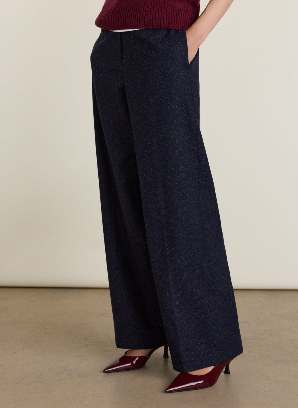Gwynnie Wool Blend Wide Leg Trousers - Navy Check Baukjen