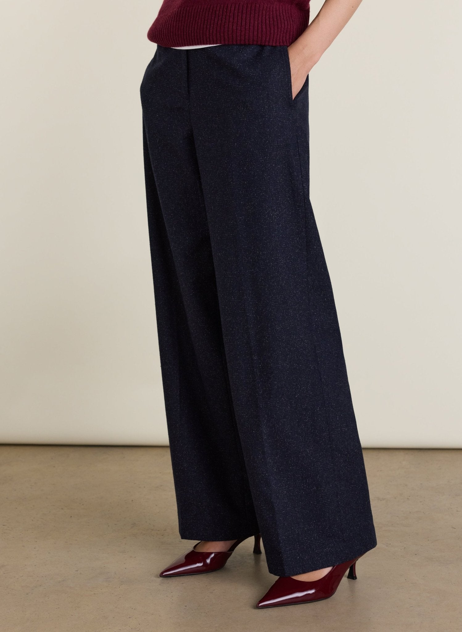 Gwynnie Wool Blend Wide Leg Trousers - Navy Check Baukjen