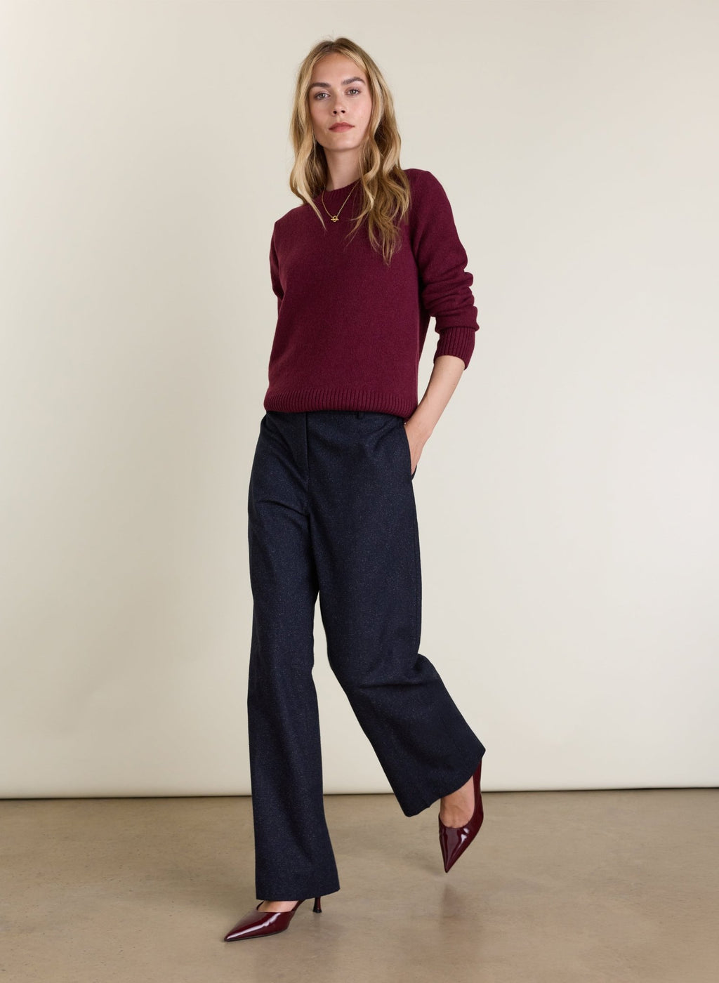 Gwynnie Wool Blend Wide Leg Trousers - Navy Check Baukjen