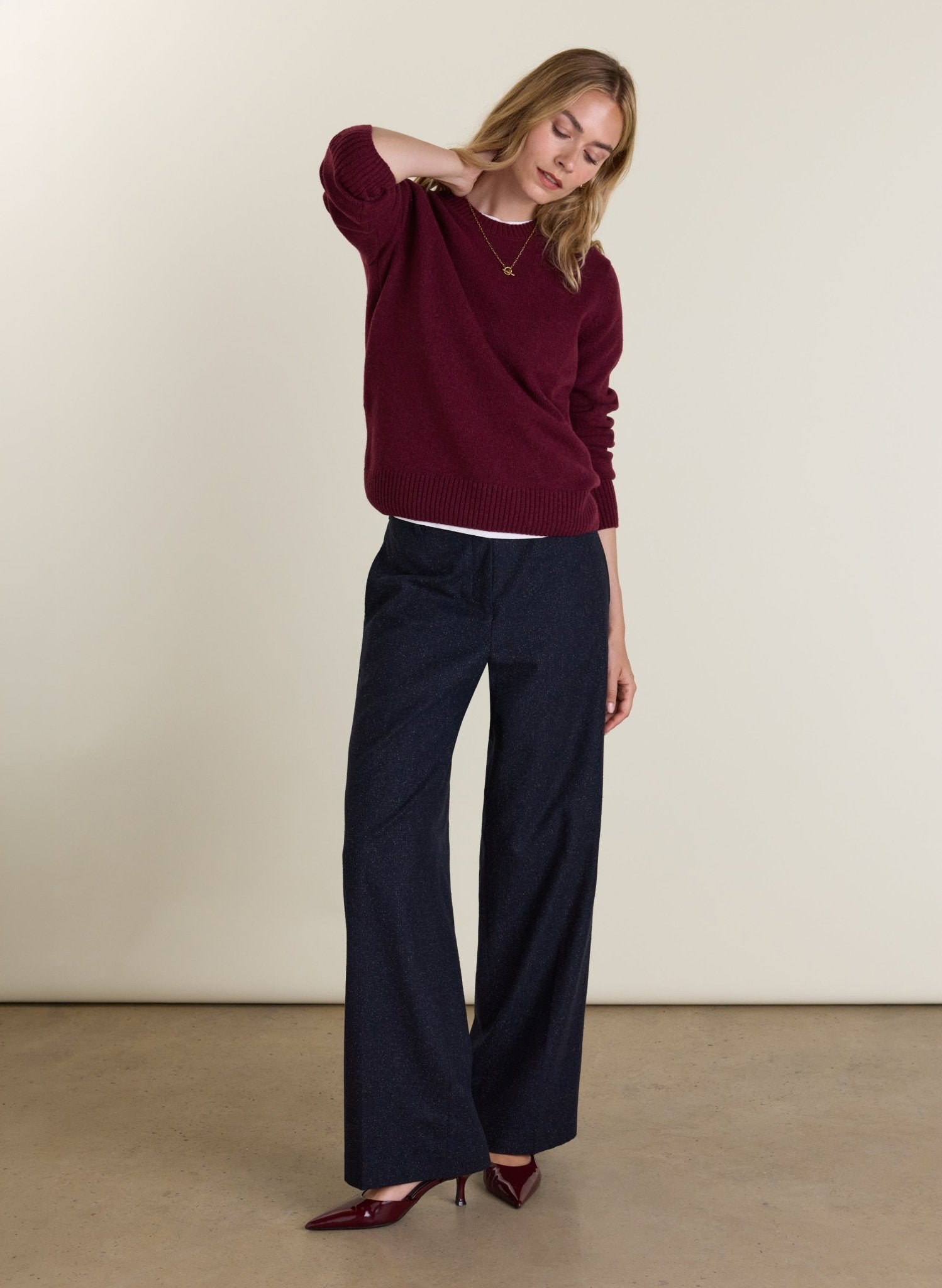 Gwynnie Wool Blend Wide Leg Trousers - Navy Check Baukjen