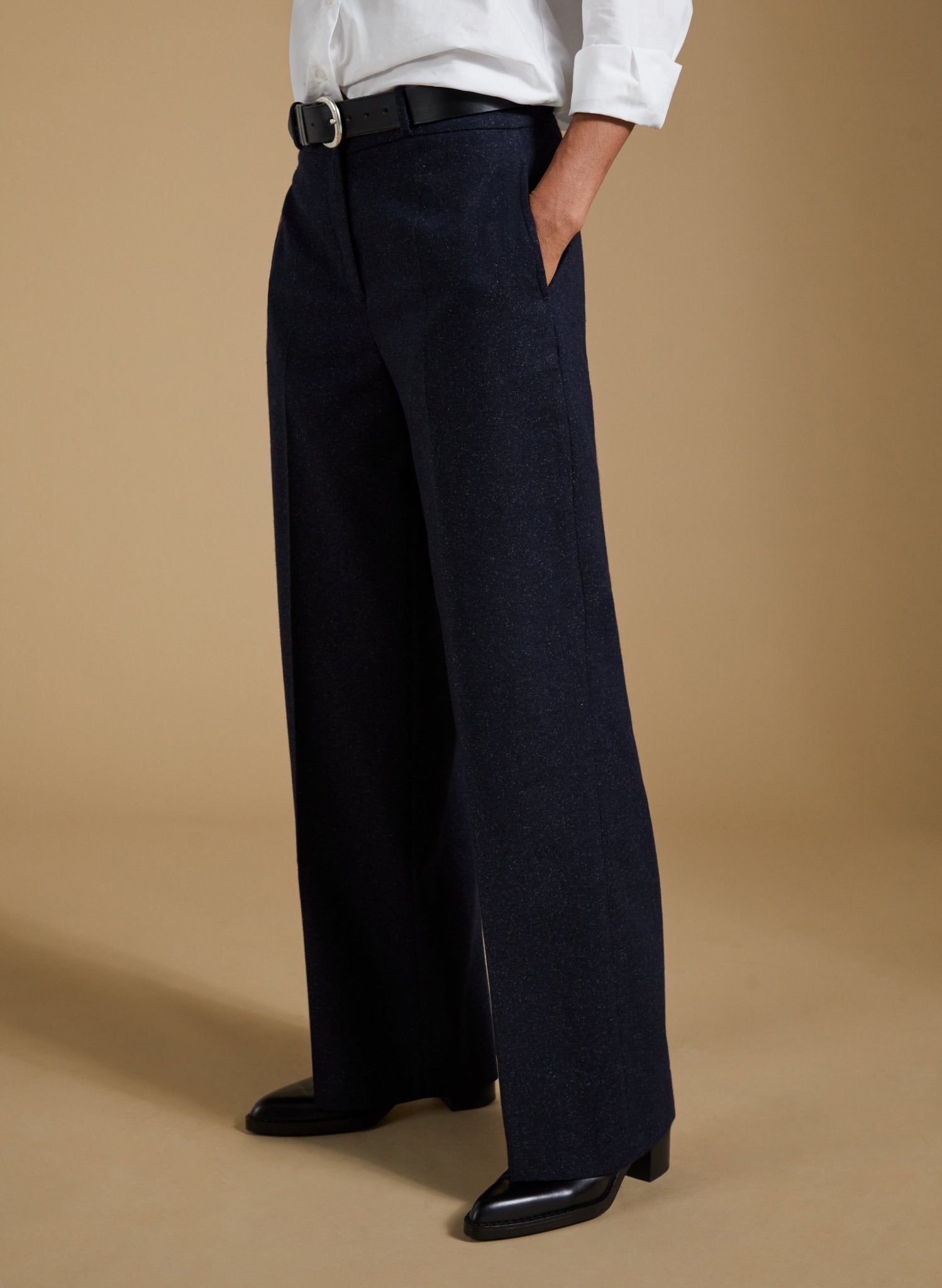 Gwynnie Wool Blend Wide Leg Trousers - Navy Baukjen