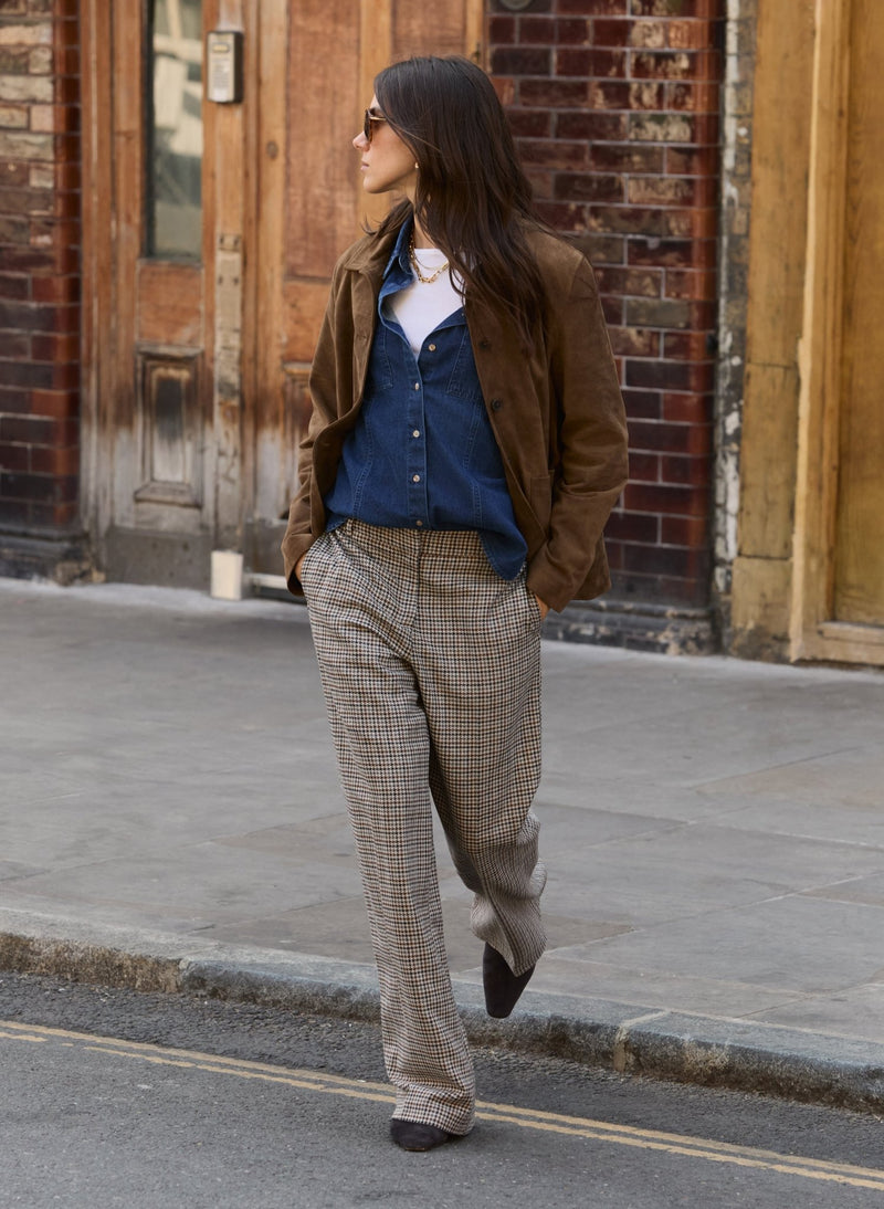 Gwynnie Wool Blend Wide Leg Trousers - Neutral Puppytooth Check Baukjen