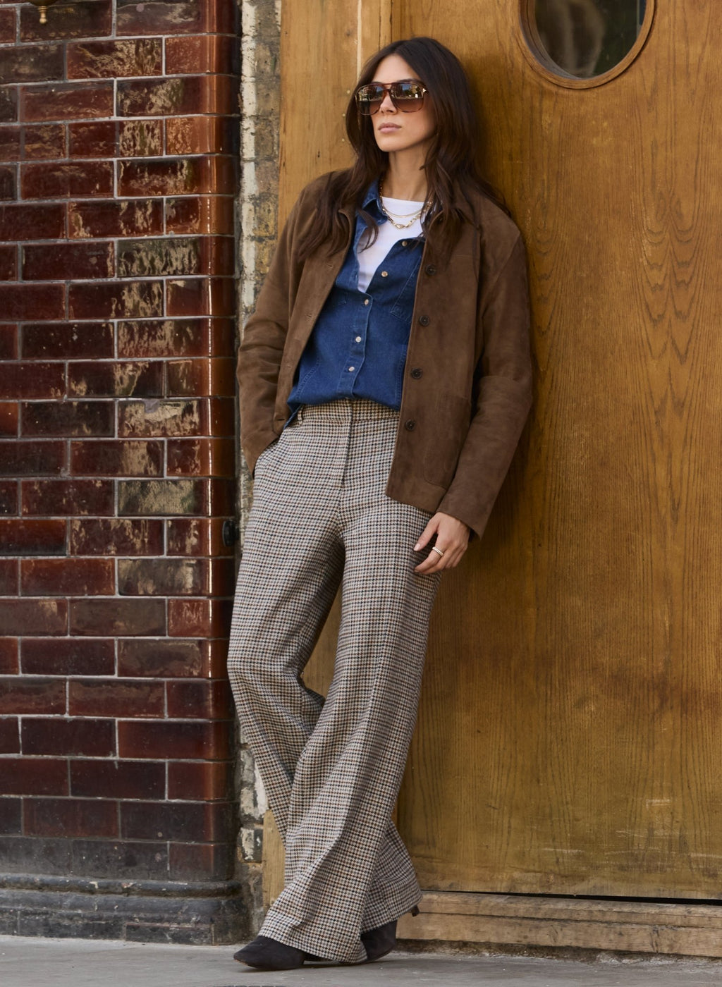 Gwynnie Wool Blend Wide Leg Trousers - Neutral Puppytooth Check Baukjen