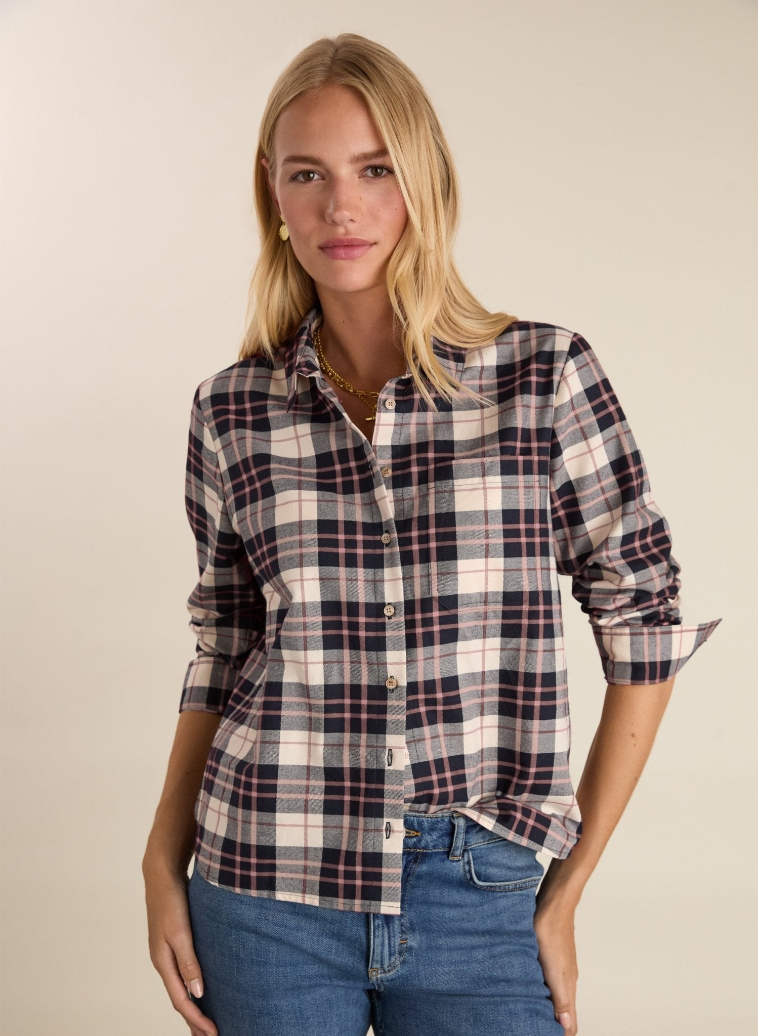 Hailey Organic Cotton Checked Shirt - Navy & Pink Check Baukjen