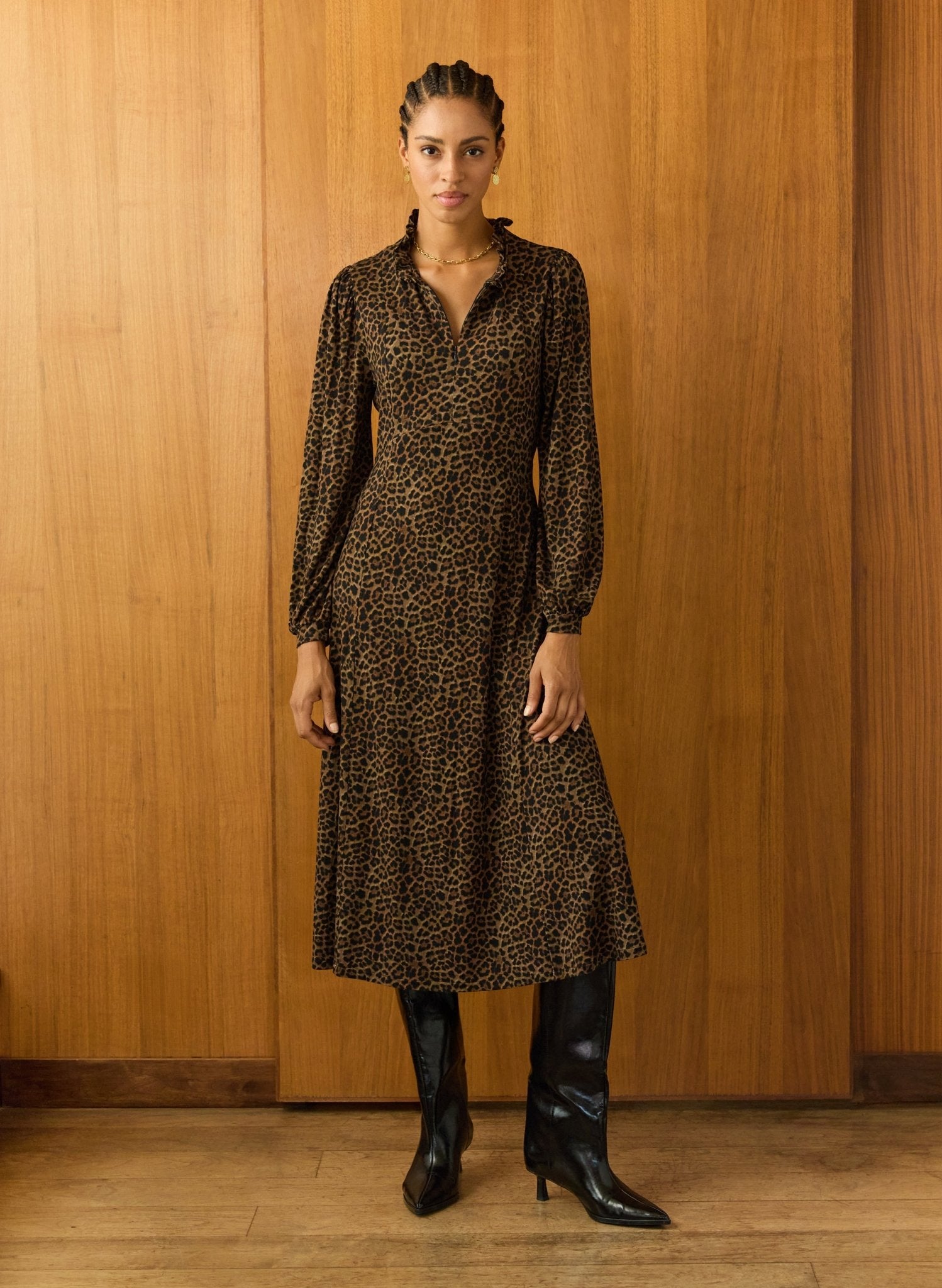 Hannah Printed Jersey Midi Dress - Chestnut Leopard Baukjen