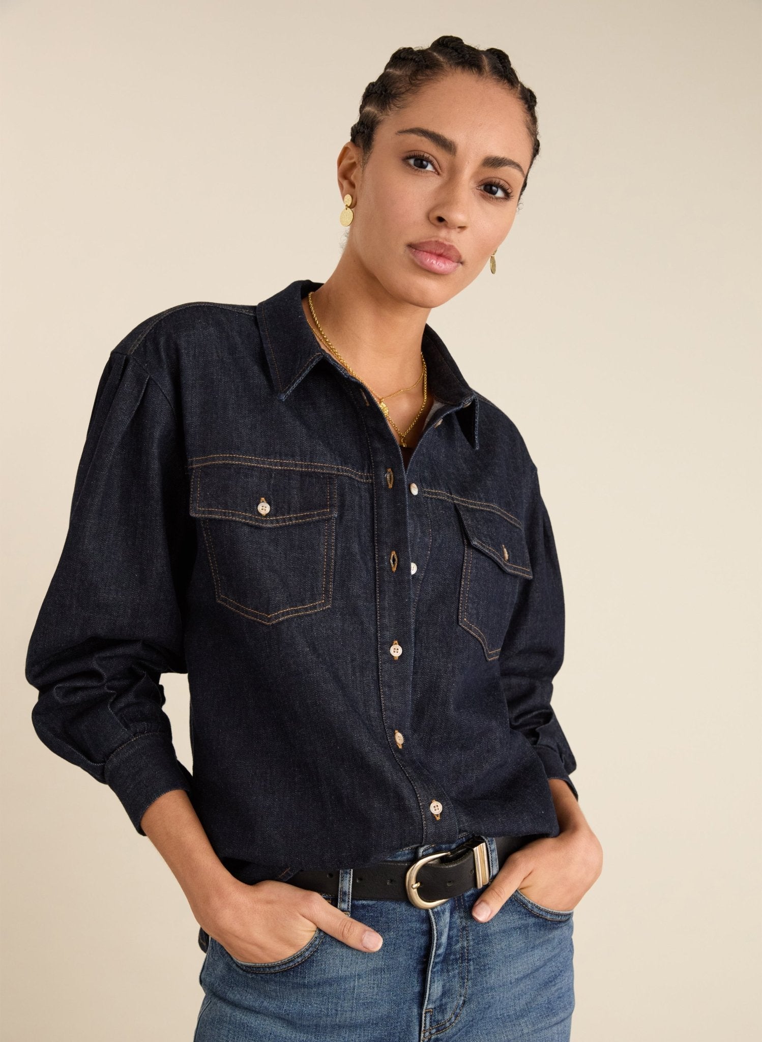 Heather Organic Denim Shirt - Dark Denim Baukjen