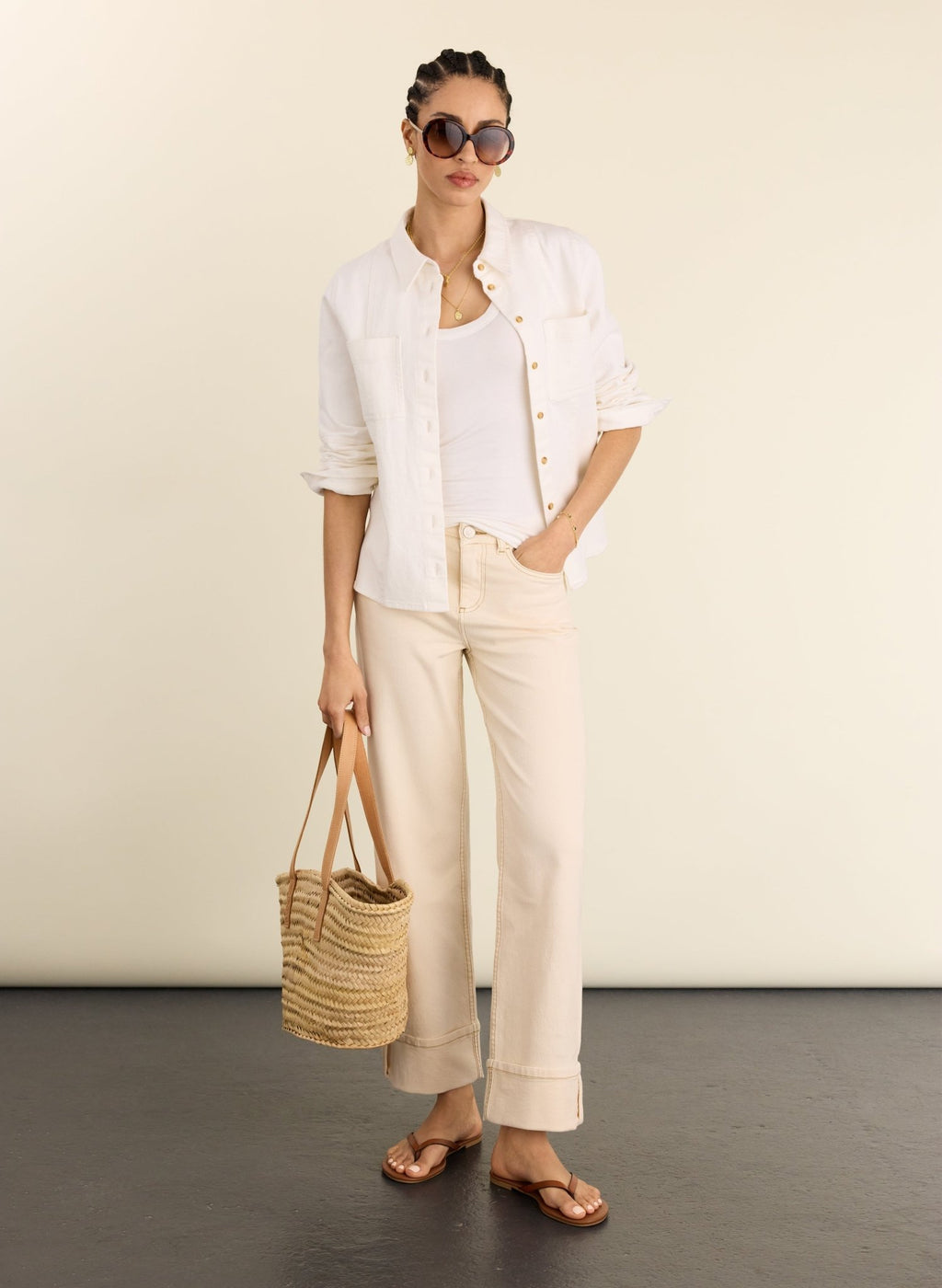 Helen Organic Cotton Stretch Turn Up Jeans - Ecru Baukjen