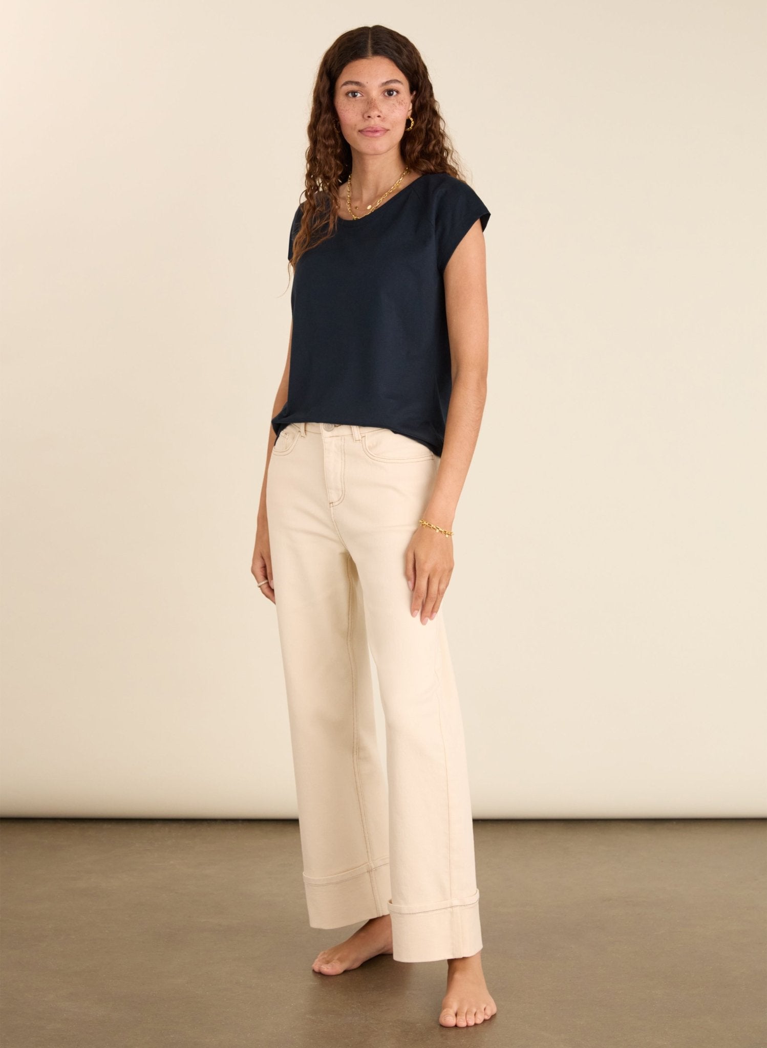 Helen Organic Cotton Stretch Turn Up Jeans - Ecru Baukjen