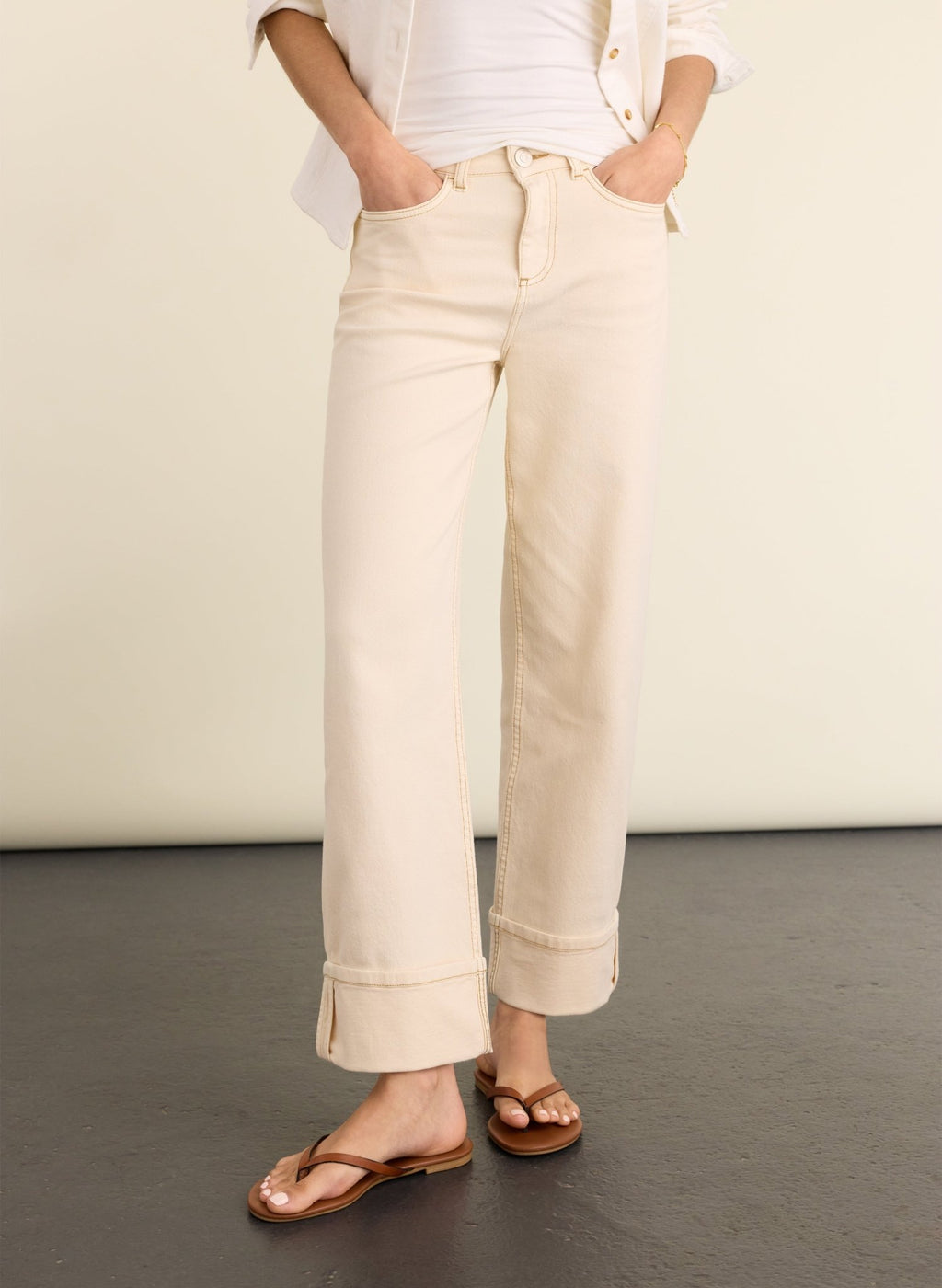 Helen Organic Cotton Stretch Turn Up Jeans - Ecru Baukjen