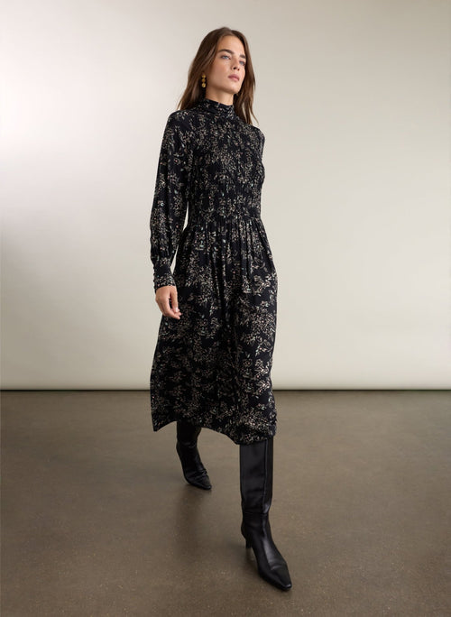 Helena Printed Midi Dress - Black Floral Sprig Baukjen
