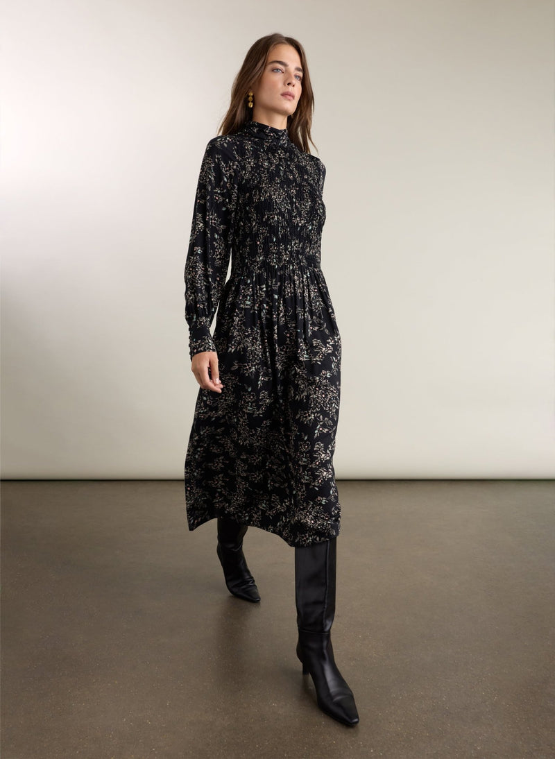 Helena Printed Midi Dress - Black Floral Sprig Baukjen