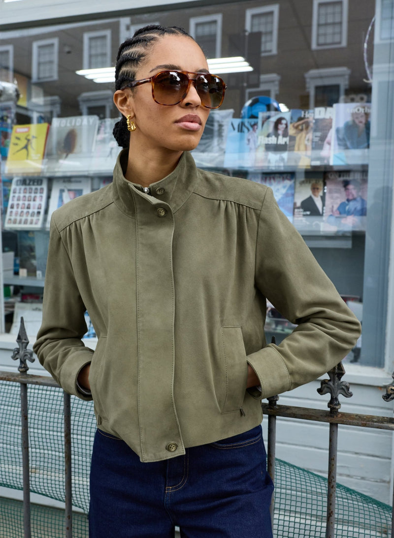 Ida Suede Funnel Neck Bomber Jacket - Sage Baukjen