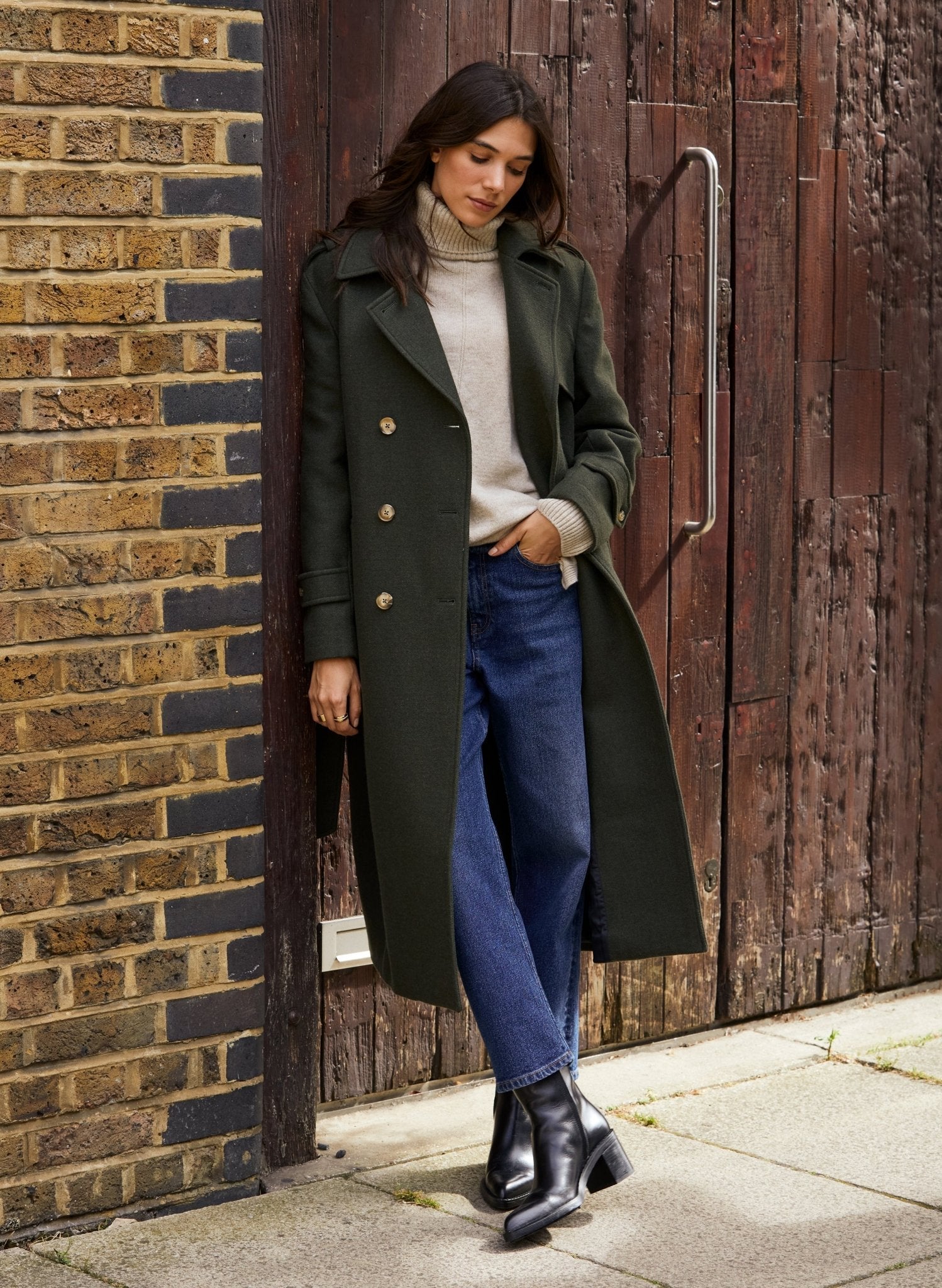 Ingrid Belted Wool Trench Coat - Dark Olive Baukjen