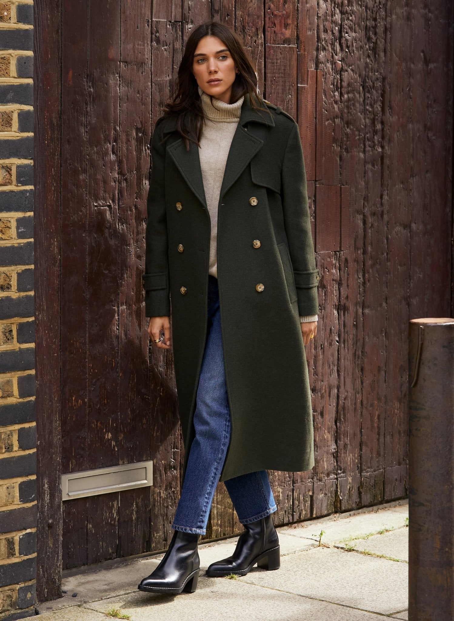 Ingrid Belted Wool Trench Coat - Dark Olive Baukjen