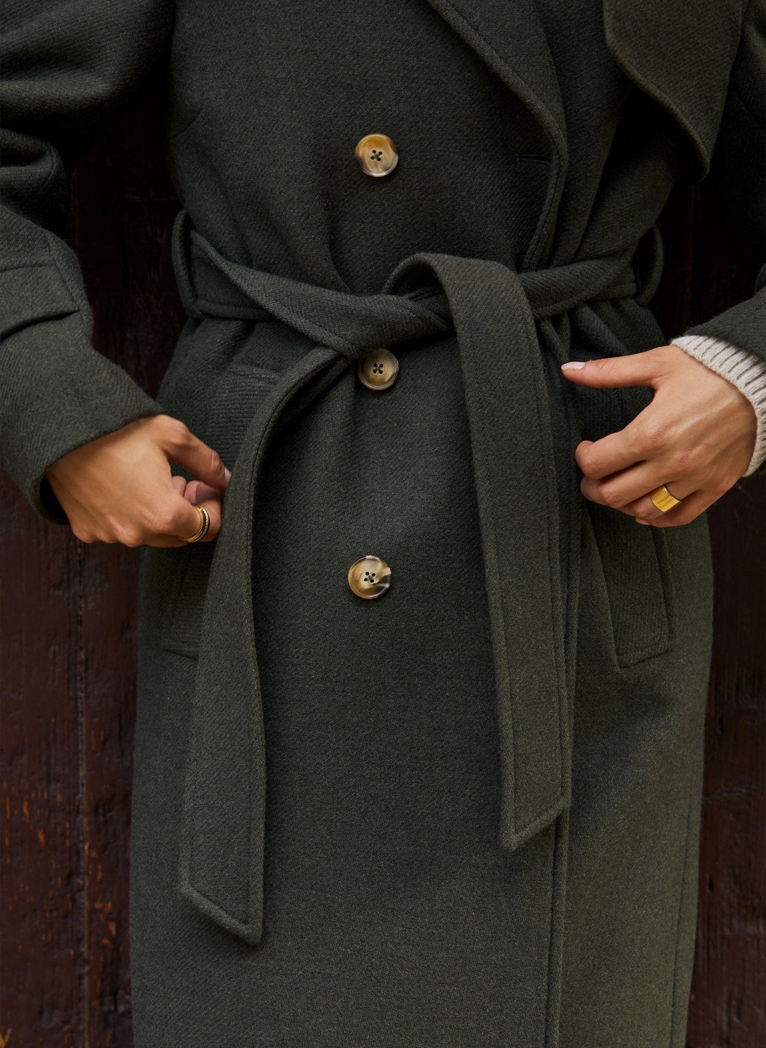 Ingrid Belted Wool Trench Coat - Dark Olive Baukjen