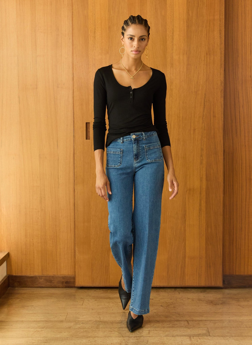 Isla Scoop Neck Henley Top - Caviar Black Baukjen