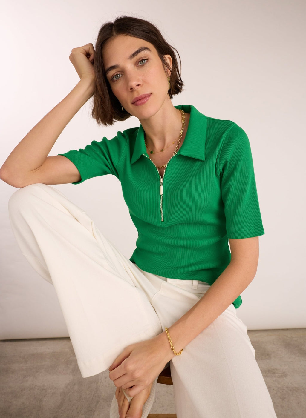 Ivy Organic Rib Zip Collar Top - Bright Emerald Baukjen