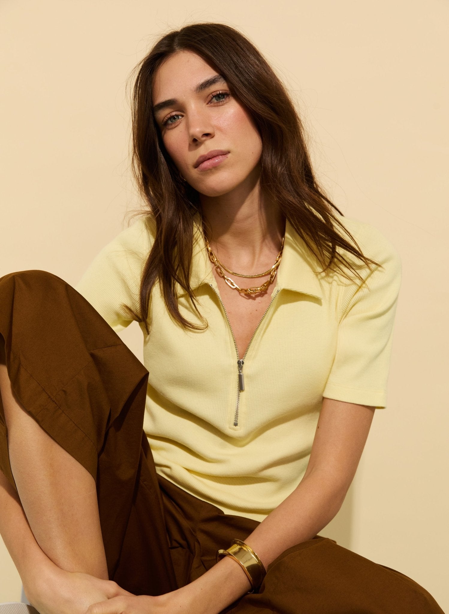 Ivy Organic Rib Zip Collar Top - Butter Yellow Baukjen