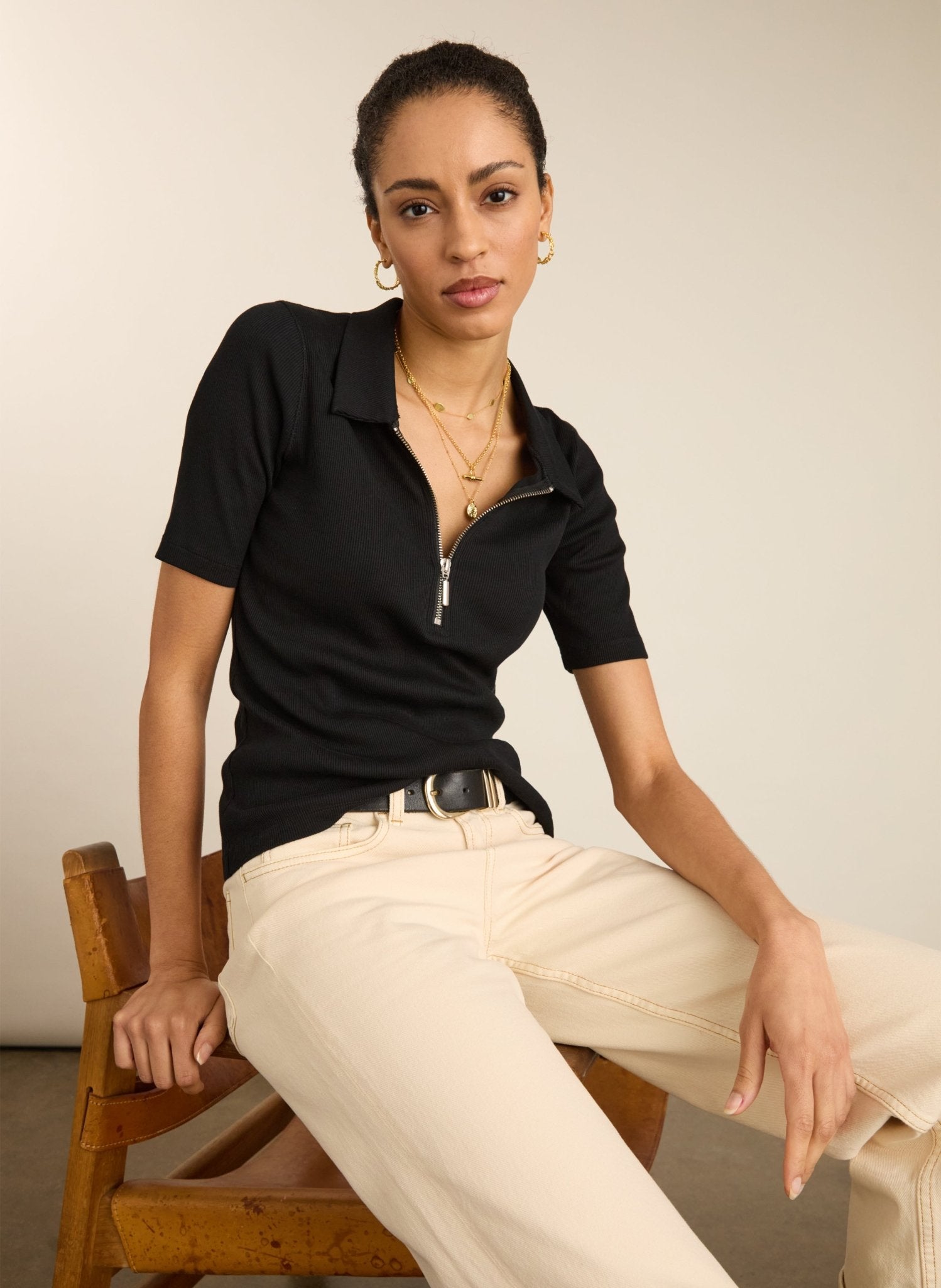 Ivy Organic Rib Zip Collar Top - Caviar Black Baukjen