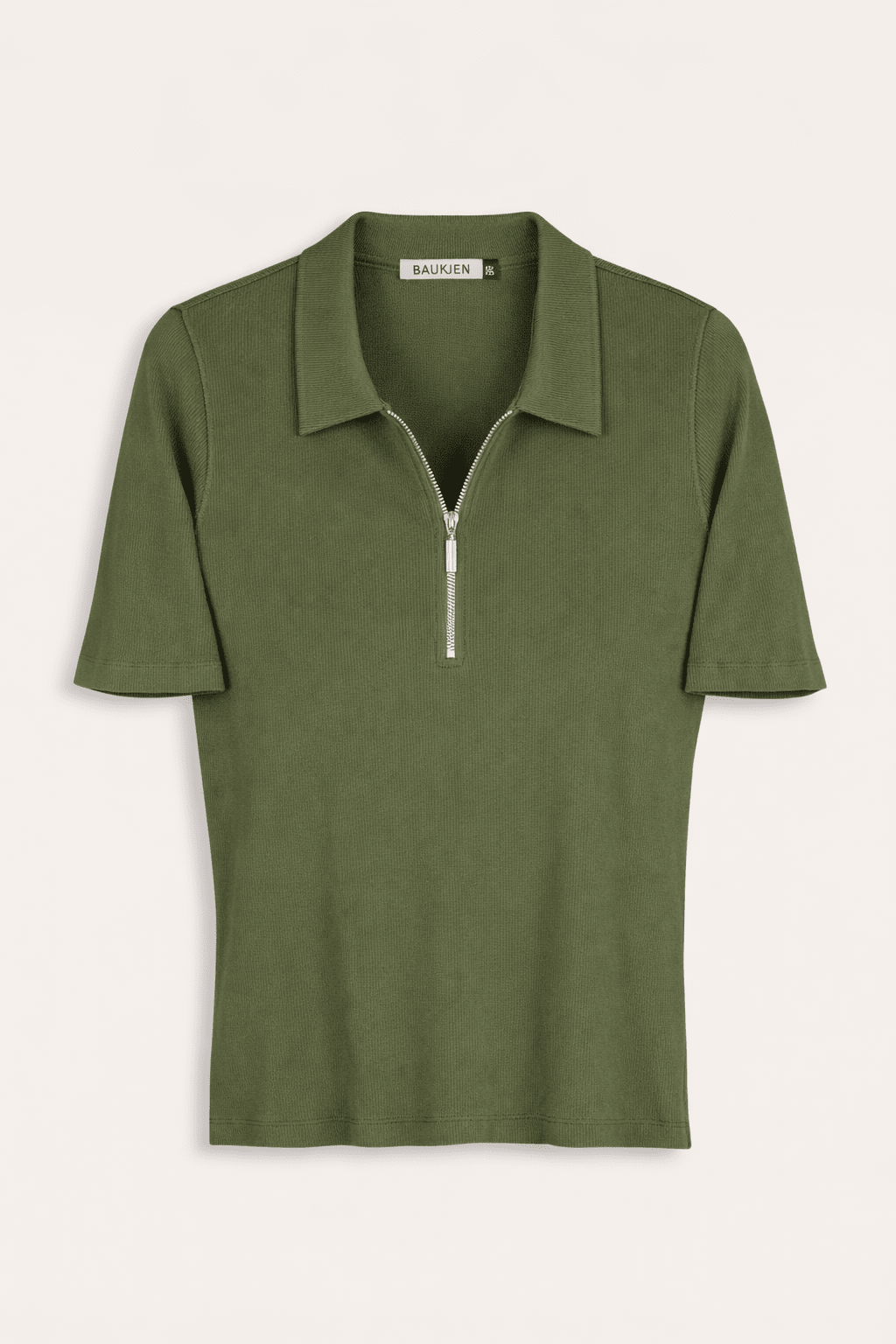 Ivy Organic Rib Zip Collar Top - Light Khaki Baukjen