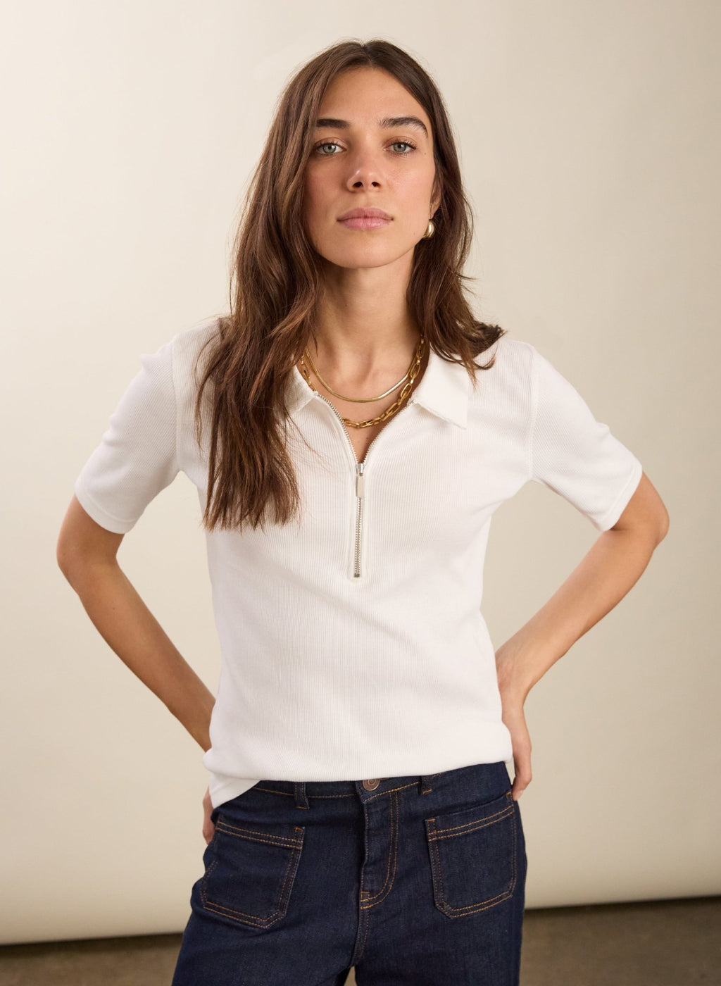 Ivy Organic Rib Zip Collar Top - Soft White Baukjen