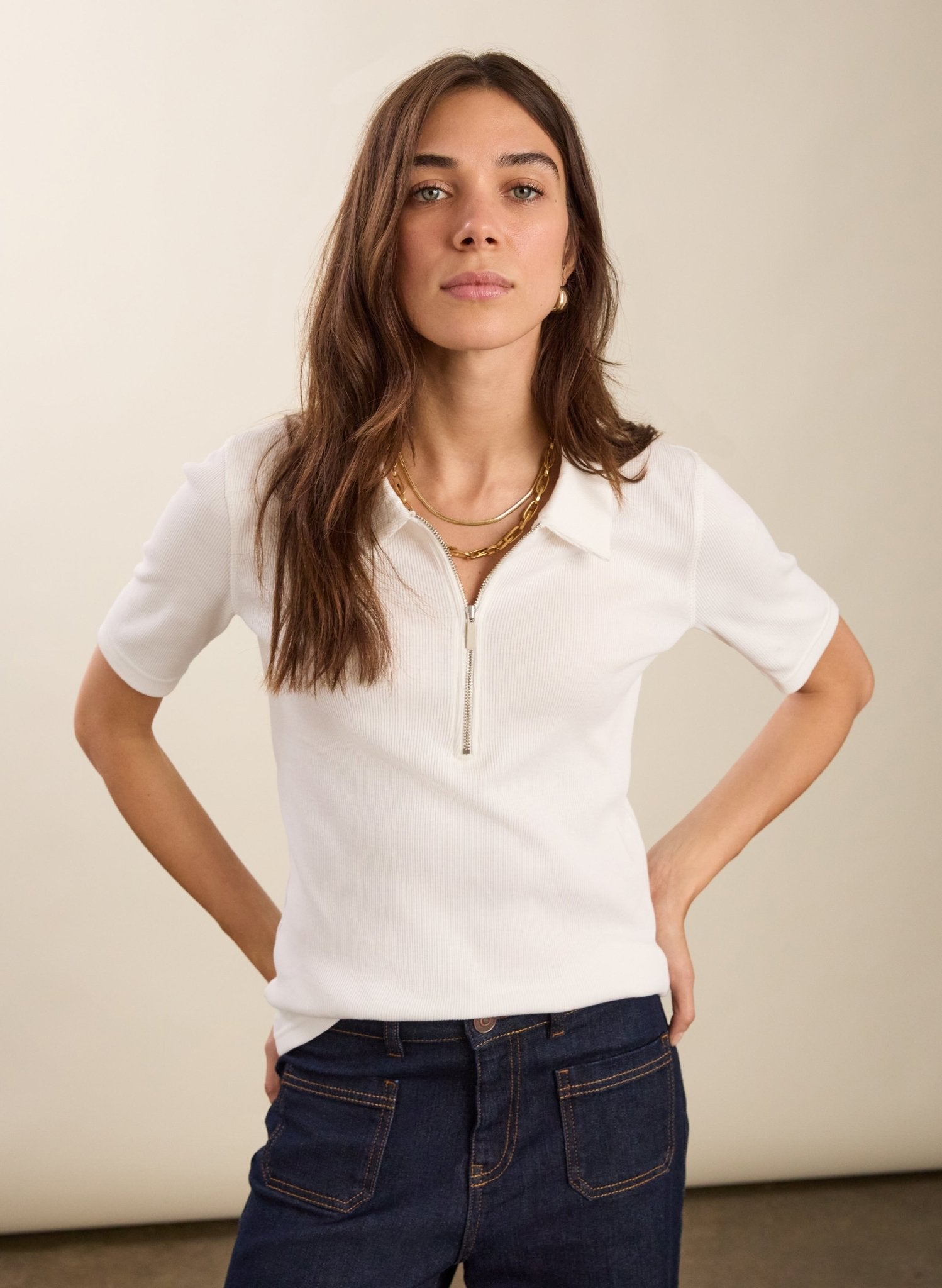 Ivy Organic Rib Zip Collar Top - Soft White Baukjen