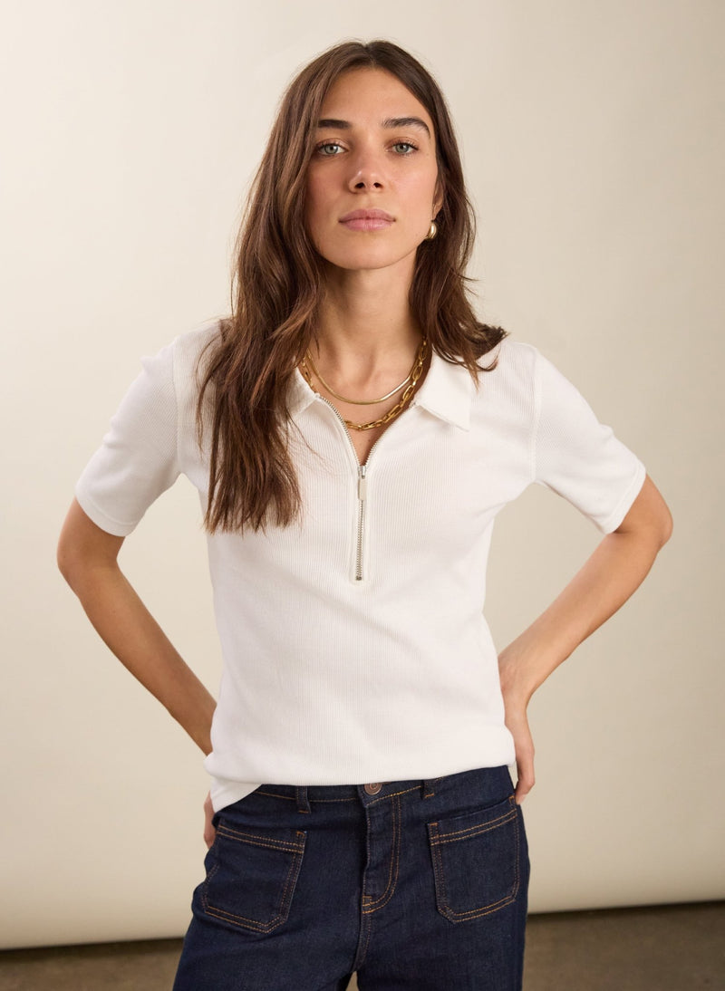 Ivy Organic Rib Zip Collar Top - Soft White Baukjen