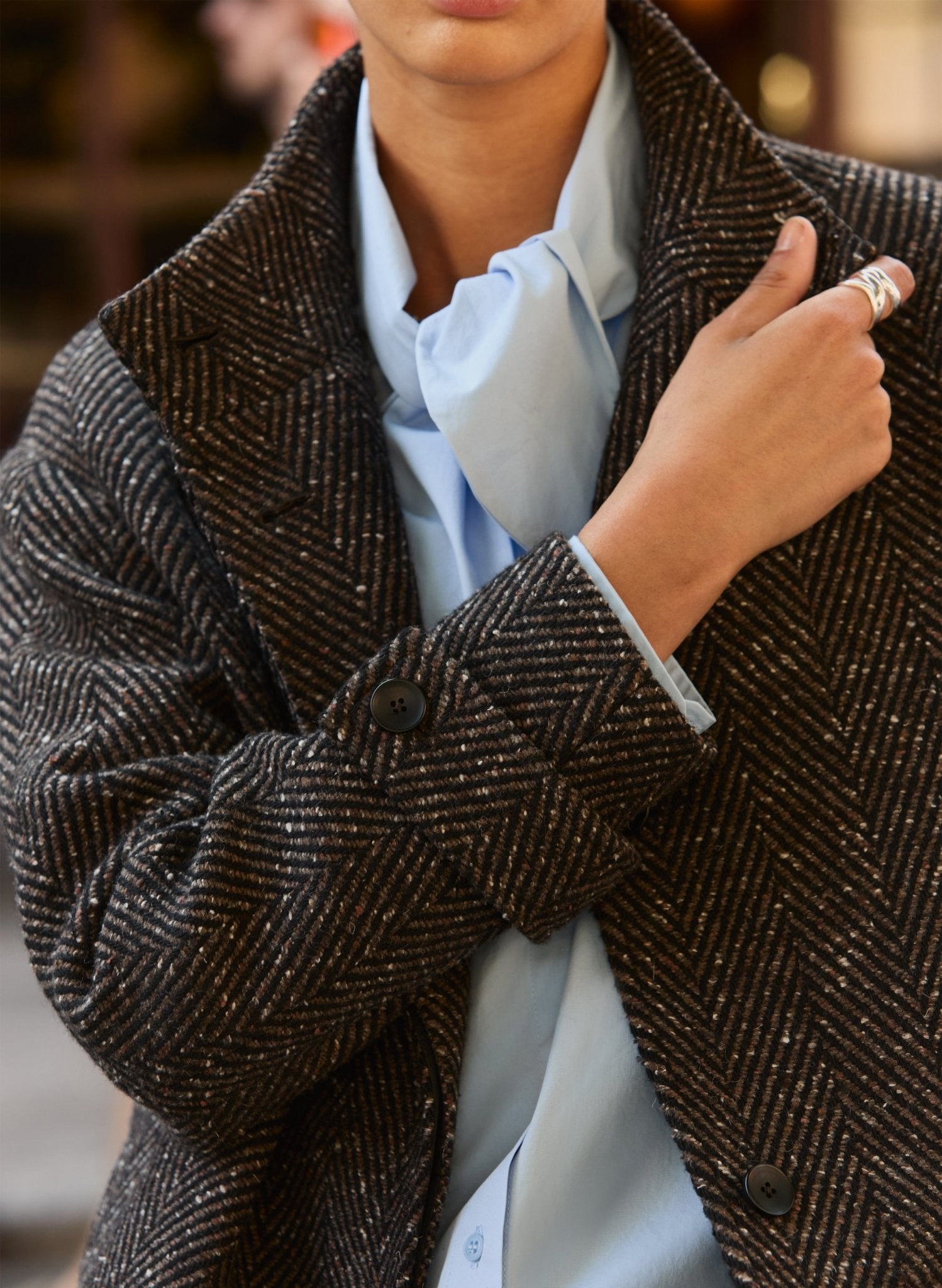 Janine Wool Blend Short Coat - Black & Brown Herringbone Baukjen