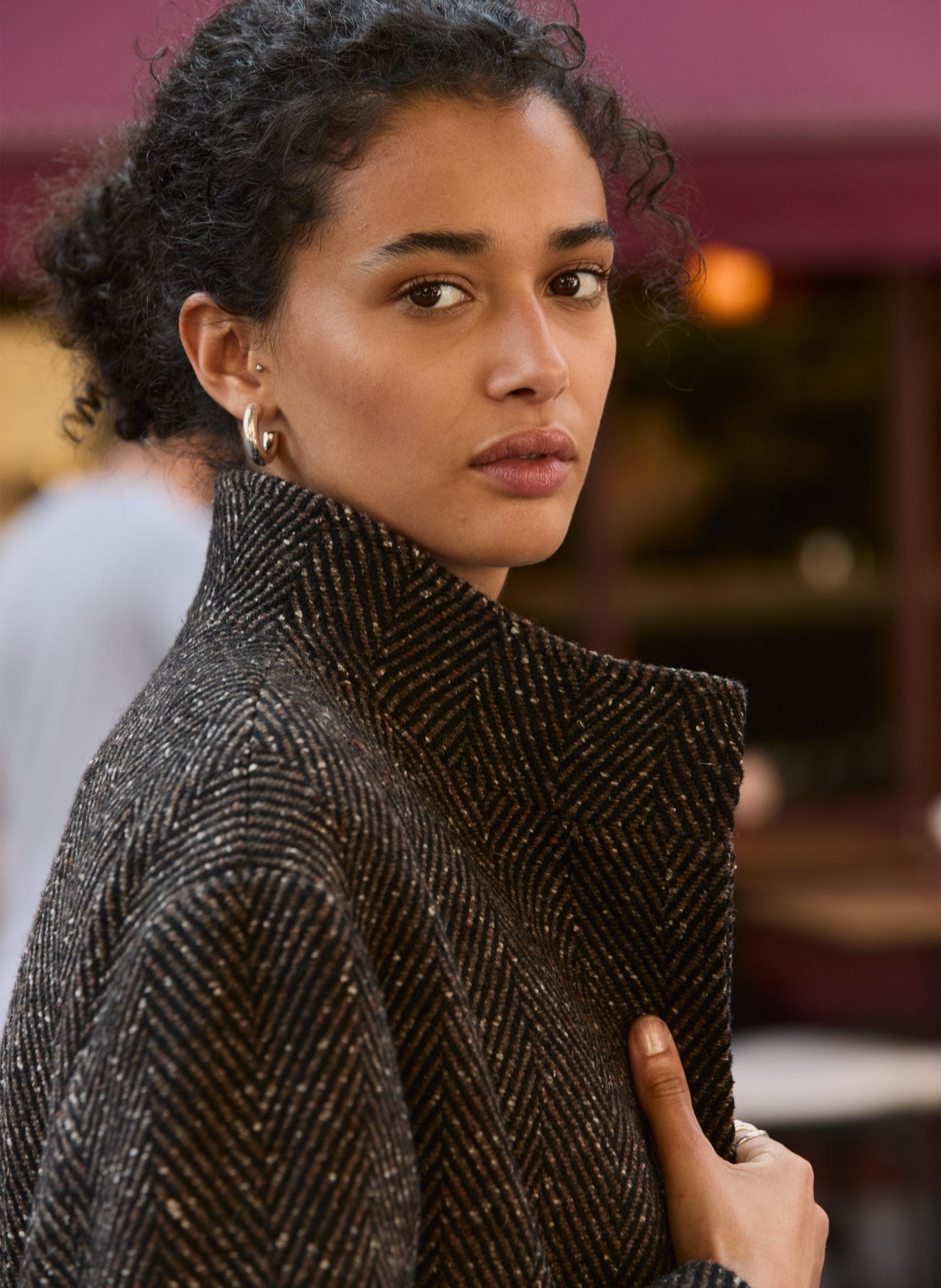 Janine Wool Blend Short Coat - Black & Brown Herringbone Baukjen