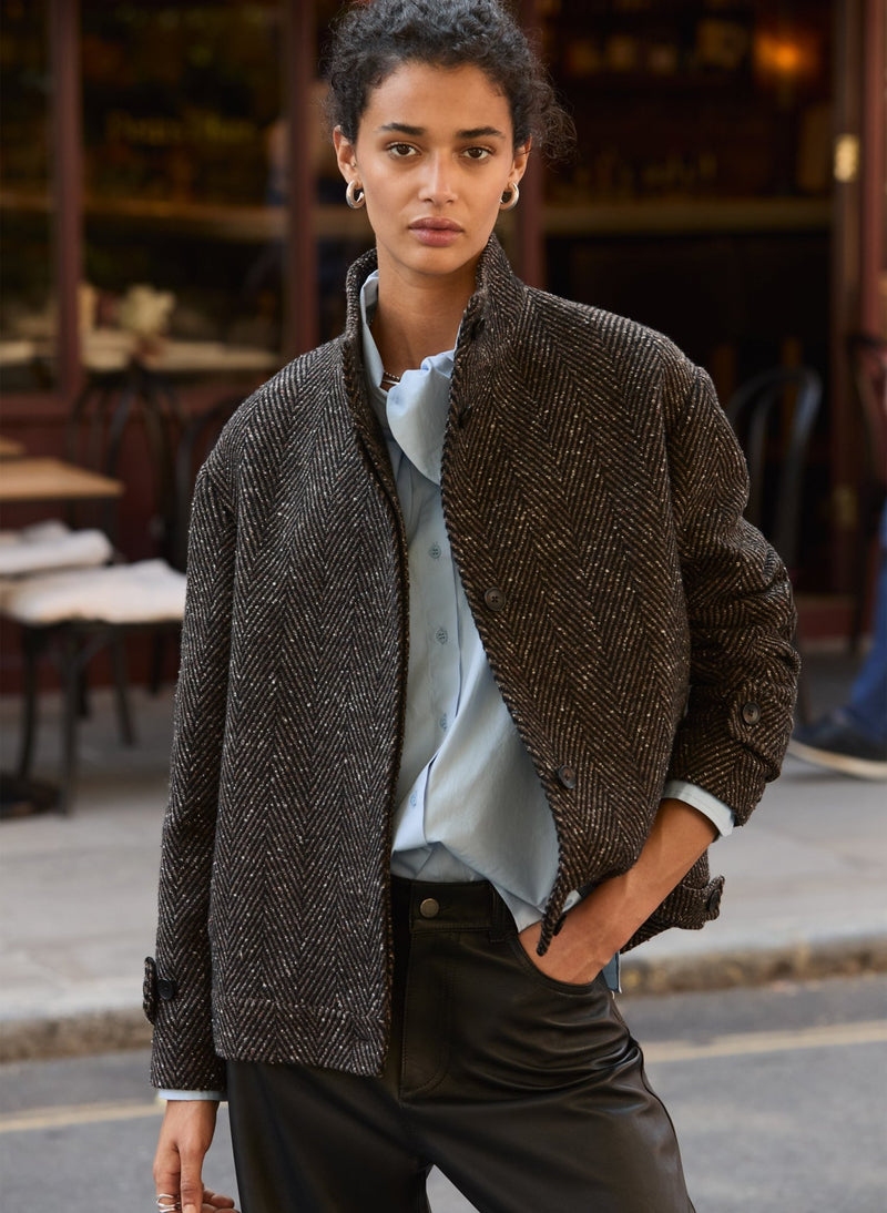 Janine Wool Blend Short Coat - Black & Brown Herringbone Baukjen