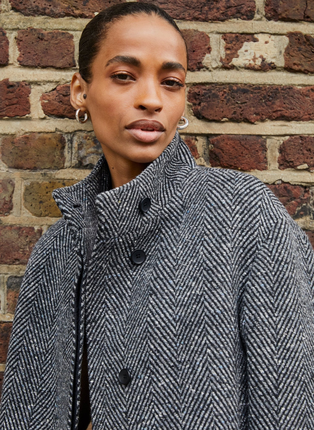 Janine Wool Blend Short Coat - Black & Grey Herringbone Baukjen