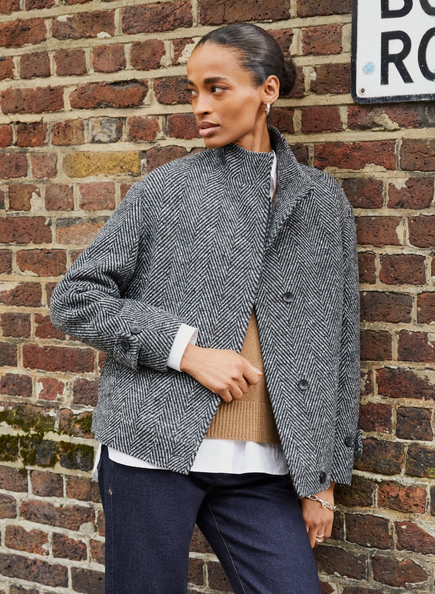 Janine Wool Blend Short Coat - Black & Grey Herringbone Baukjen